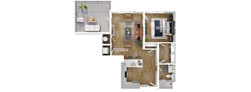 A floor plan of a house with a living room, kitchen, and bathroom.