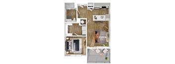 A floor plan of a small apartment with a living room, kitchen, and bathroom.