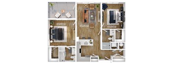 A floor plan of a small apartment with three bedrooms and a living room.