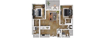 A floor plan of a small apartment with three bedrooms and a living room.