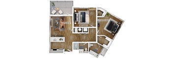 A floor plan of a small apartment with a kitchen, living room, and bathroom.