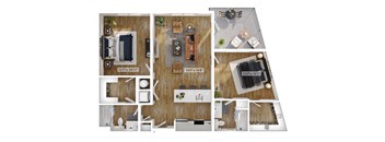 A floor plan of a house with a living room, kitchen, and two bedrooms.