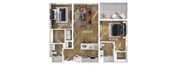 A floor plan of a small apartment with a living room, kitchen, and bathroom.