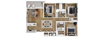 A floor plan of a house with a kitchen, living room, dining room, and bedrooms.
