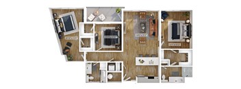 A floor plan of a house with a kitchen, living room, dining room, and bathroom.