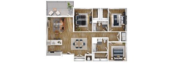A floor plan of a house with a kitchen, living room, and two bedrooms.