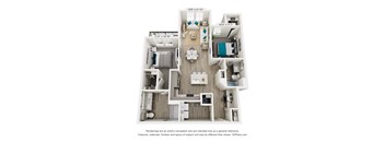 A 3D floor plan of a small apartment with a kitchen, living room, and two bedrooms.