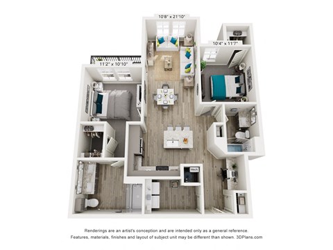 A 3D floor plan of a small apartment with a kitchen, living room, and two bedrooms.