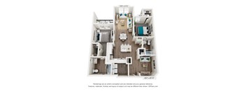 A 3D floor plan of a small apartment with a kitchen, living room, and two bedrooms.