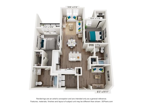 A 3D floor plan of a small apartment with a kitchen, living room, and two bedrooms.
