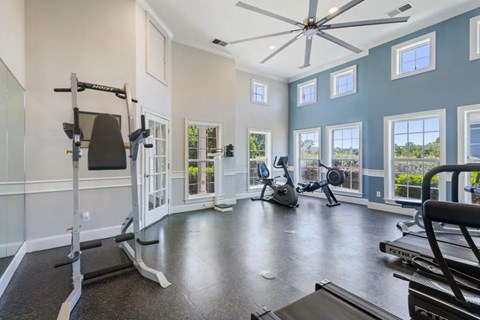 A Large Gym with a Treadmill, Elliptical Trainer and a Weight Bench Inside.