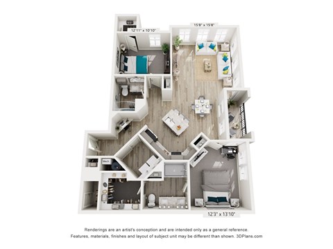 A floor plan of a two-bedroom apartment with a living room, kitchen, and bathroom.
