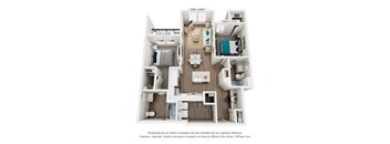 A 3D floor plan of a small apartment with a kitchen, living room, and two bedrooms.