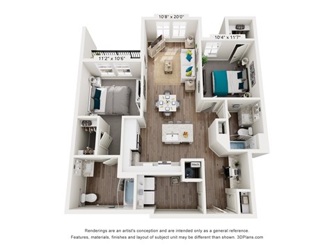 A 3D floor plan of a small apartment with a kitchen, living room, and two bedrooms.