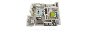 A 3D floor plan of a small apartment with a living room, kitchen, and bedroom.