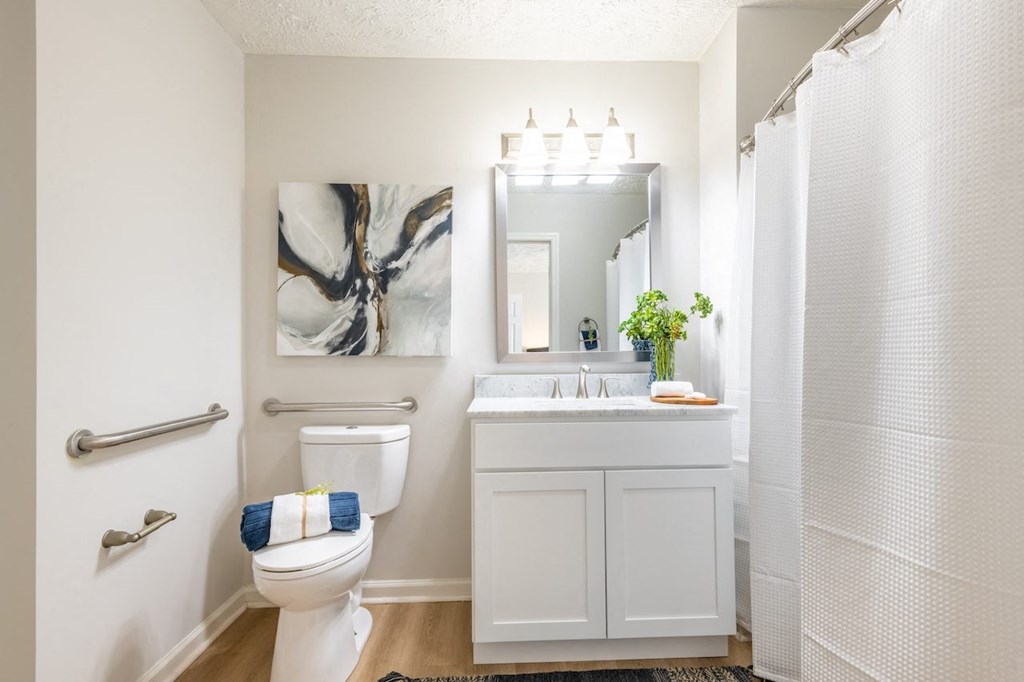 a bathroom with a toilet sink and shower and a mirror