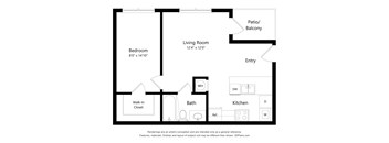 A floor plan of a home with a living room, kitchen, bath, bedroom and walk-in closet.