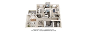 A 3D floor plan of a house with multiple rooms and furniture.