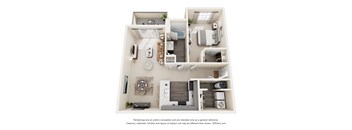 A 3D floor plan of a small apartment with a kitchen, living room, and bedroom.