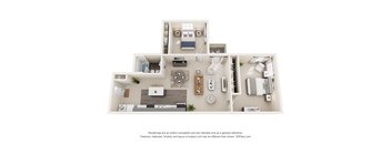 A 3D floor plan of a house with a kitchen, living room, and two bedrooms.