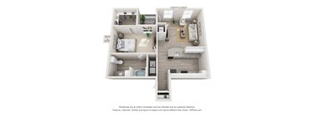 A 3D floor plan of a two-bedroom apartment with a living room, kitchen, and bathroom.