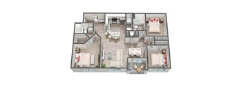 A 3D floor plan of a house with multiple rooms and furniture.
