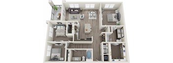 A top-down view of a small apartment with a kitchen, living room, and bathroom.
