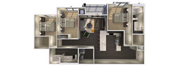 a 3d floor plan of a suite with a bedroom and a living room