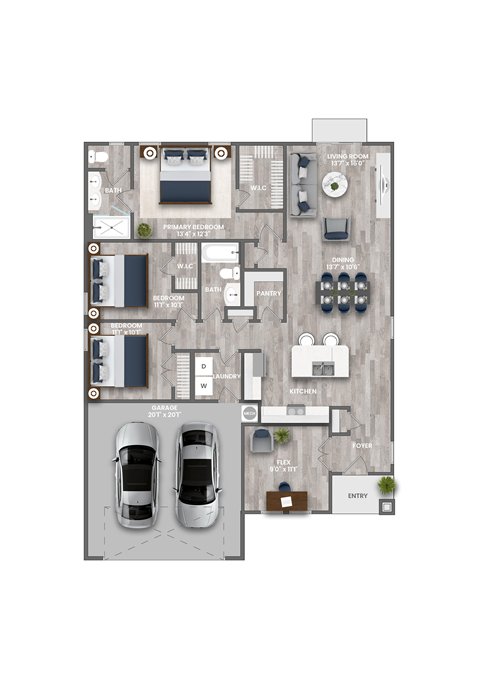 3d floor plan of a 4 bedroom 2100 sq ft