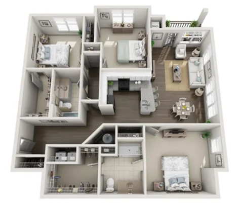 a 3d floor plan of a house with a bedroom and a living room