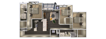 a 3d rendering of a floor plan with a bedroom and a living room