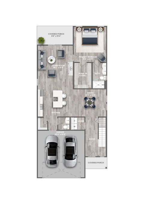 a floor plan of the apex with 2 cars in the garage