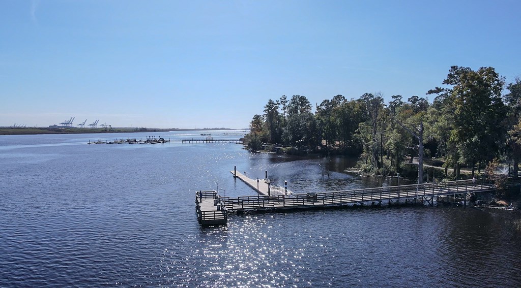 A dock extends into a calm body of water with a forest in the background.