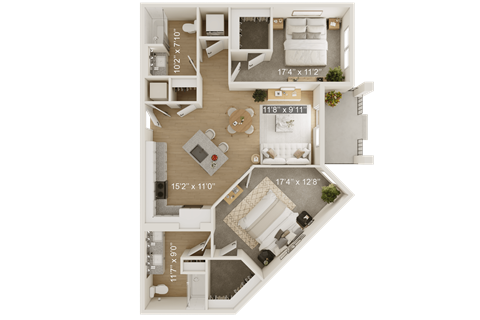 A floor plan of a house with a living room, two bedrooms, a kitchen, and a bathroom.