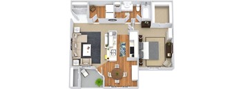 A top-down view of a modern apartment layout with a kitchen, living room, and bathroom.