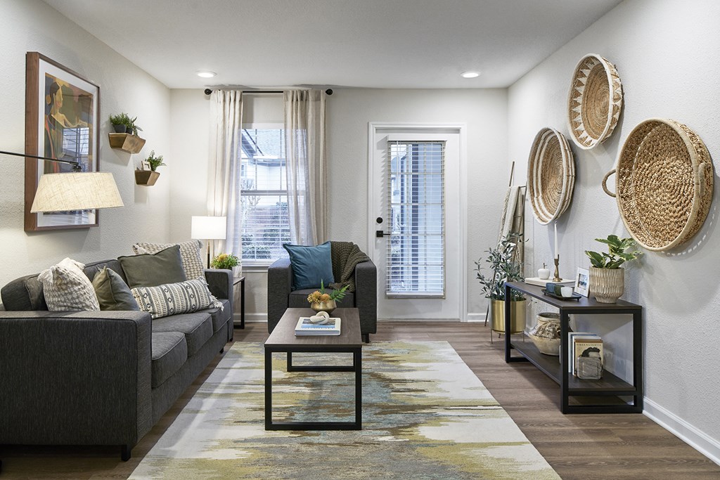 a living room with a couch and a coffee table