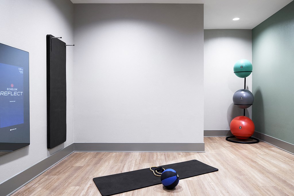a room with yoga mats and a large screen on the wall and a colorful ball
