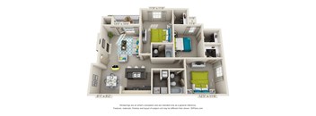 A 3D floor plan of a small apartment with a kitchen, living room, and bedrooms.