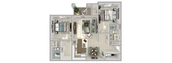 A 3D floor plan of a house with a kitchen, living room, and bathroom.