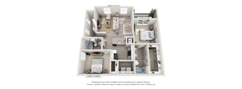 A 3D floor plan of a house with a living room, kitchen, and two bedrooms.
