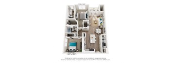 A 3D floor plan of a small apartment with a kitchen, living room, and bedroom.