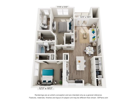 A 3D floor plan of a small apartment with a kitchen, living room, and bedroom.