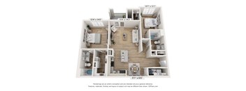 A 3D floor plan of a house with labeled dimensions.