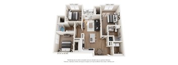 A 3D floor plan of a two-bedroom apartment with dimensions and a disclaimer at the bottom.