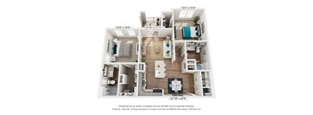 A 3D floor plan of a small apartment with a kitchen, living room, and bedrooms.