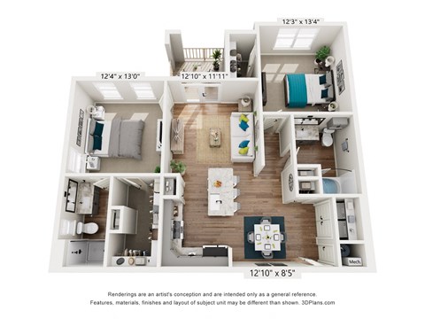 A 3D floor plan of a small apartment with a kitchen, living room, and bedrooms.