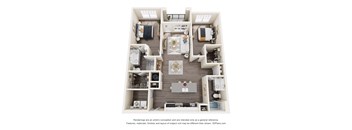 A 3D floor plan of a house with a kitchen, living room, and two bedrooms.