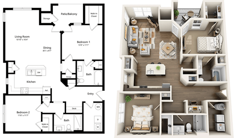 A floor plan and a 3D rendering of a small apartment with two bedrooms, a living room, a dining room, a kitchen, and a bathroom.