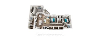 A 3D floor plan of a house with a kitchen, living room, and two bedrooms.