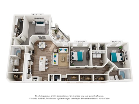 A 3D floor plan of a house with a kitchen, living room, and two bedrooms.